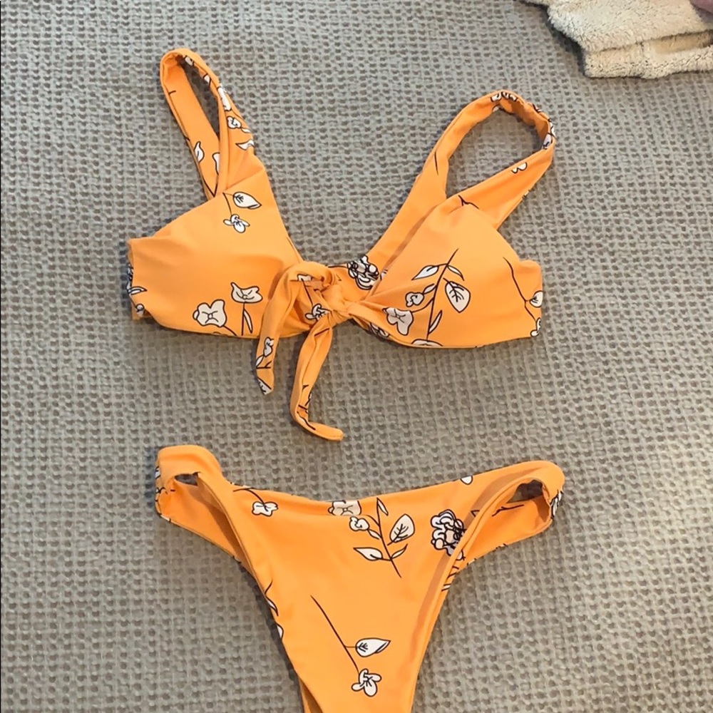 Yellow floral bring tie bikini top & bottoms